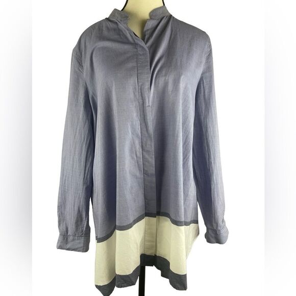 Anne Klein 100% cotton chambray top blouse front button light blue white block L - Picture 7 of 14